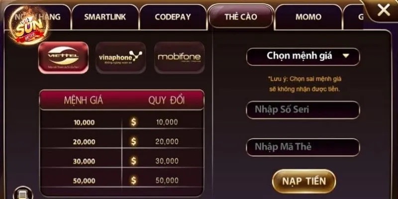 Đa dạng hình thức nạp tiền vào Sunwin
