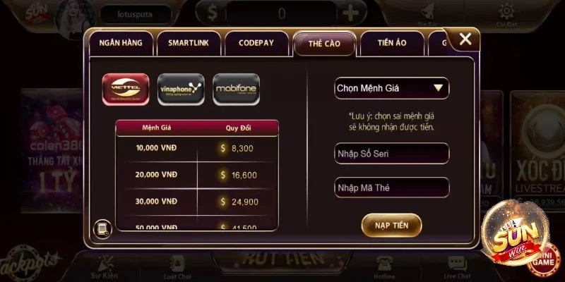 Nạp tiền vào sunwin bằng thẻ cào điện thoại
